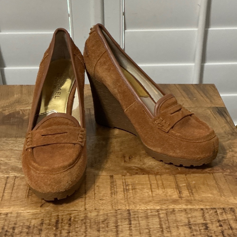 Michael Kors Cognac Suede Wedge Loafers